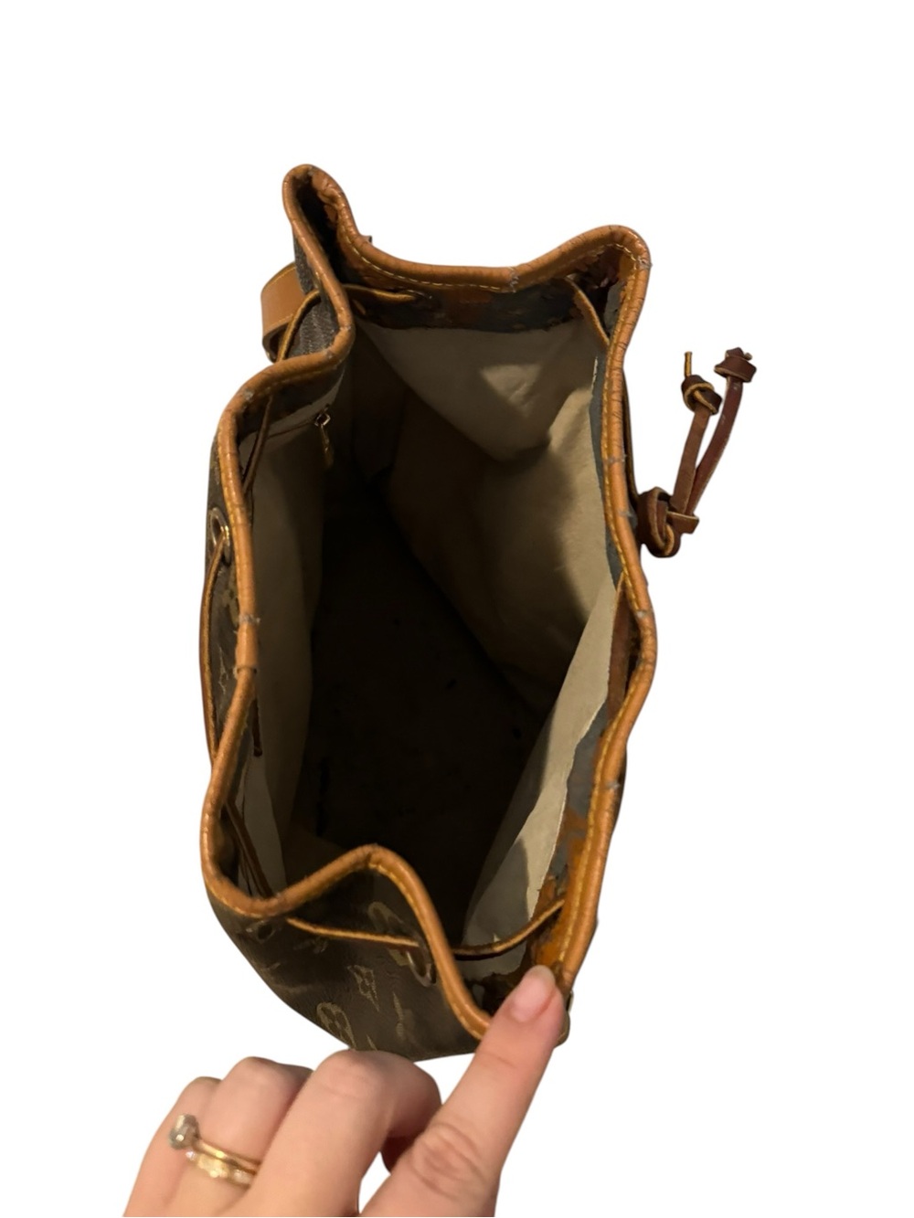 Designer Style Monogram Bucket Bag Brown Canvas & Leather Drawstring Crossbody - Picture 2 of 5